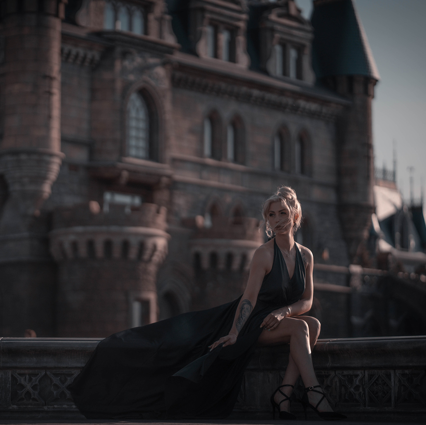 female portrait general plan blonde black dress architecture medieval castle